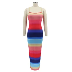 Women Clothes Rainbow Stripe Print Slit Slim Waist Strap Long Dress -Women Fashion Shop 0004892b169278b2