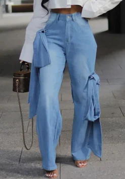 Lace-Up Pocket Wide Leg Straight Washed Denim Pants -Women Fashion Shop 001c3dd306e8cfeb
