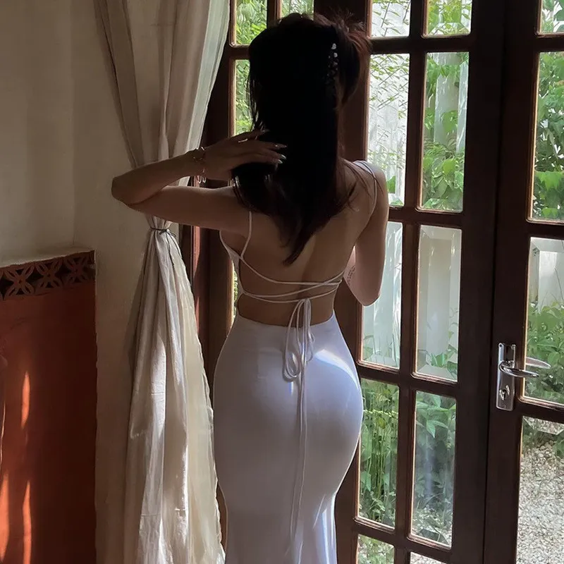 Women's Summer Sexy Off Shoulder Low Cut Low Back Lace-Up Mermaid Slip Dress 9 Women's Summer Sexy Off Shoulder Low Cut Low Back Lace-Up Mermaid Slip Dress - Image 7