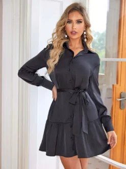 Women's Turndown Collar Button-Up Long Sleeve Casual Dress -Women Fashion Shop 00ef1481fb991554