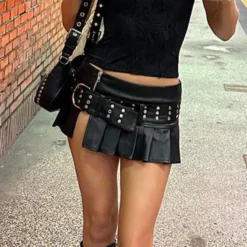 Punk Rivet Belt Slit Leather Skirt Fashion Street Sexy Low Waist A-line Pleated Skirt -Women Fashion Shop 011469aa1530d603