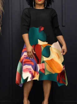 Women Round Neck Casual Contrast Print Dress -Women Fashion Shop 013f078be4414709