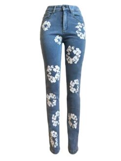 Women's Fashion Stretch Denim Fabric Flower Print Denim Trousers -Women Fashion Shop 019d5821677b4fe9