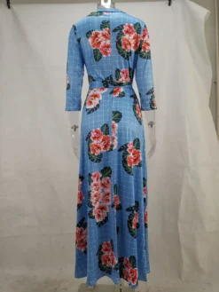 Autumn Three Quarter Sleeve Floral Printed Women's V Neck Maxi Dress -Women Fashion Shop 01b8995f3a010196