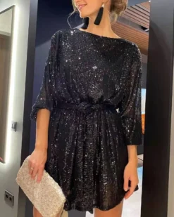 Fashionable Sequin Sequin Slim Waist Party Dress -Women Fashion Shop 0245b8fa6608833e