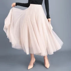 Spring Swing Puffy High Waist Slim Mesh A-line Long Skirt -Women Fashion Shop 037907f9952df65c