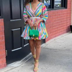 Women Striped V-neck Sexy Belted Dress -Women Fashion Shop 03b838cd2ae2ae32