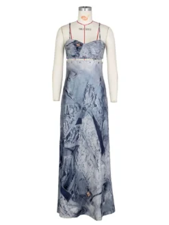 Sexy Ladies Denim Print Pin Embellished Backless Slip Maxi Dress -Women Fashion Shop 04319922aafe3926