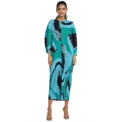 Women'S Round Neck Bat Sleeves Print Pleated Maxi Dress -Women Fashion Shop 044427ed3c74877d