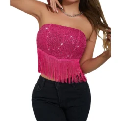 Women Sequin Patchwork Tassel Bow Strapless Backless Herringbone Vest -Women Fashion Shop 0456a6371b854204