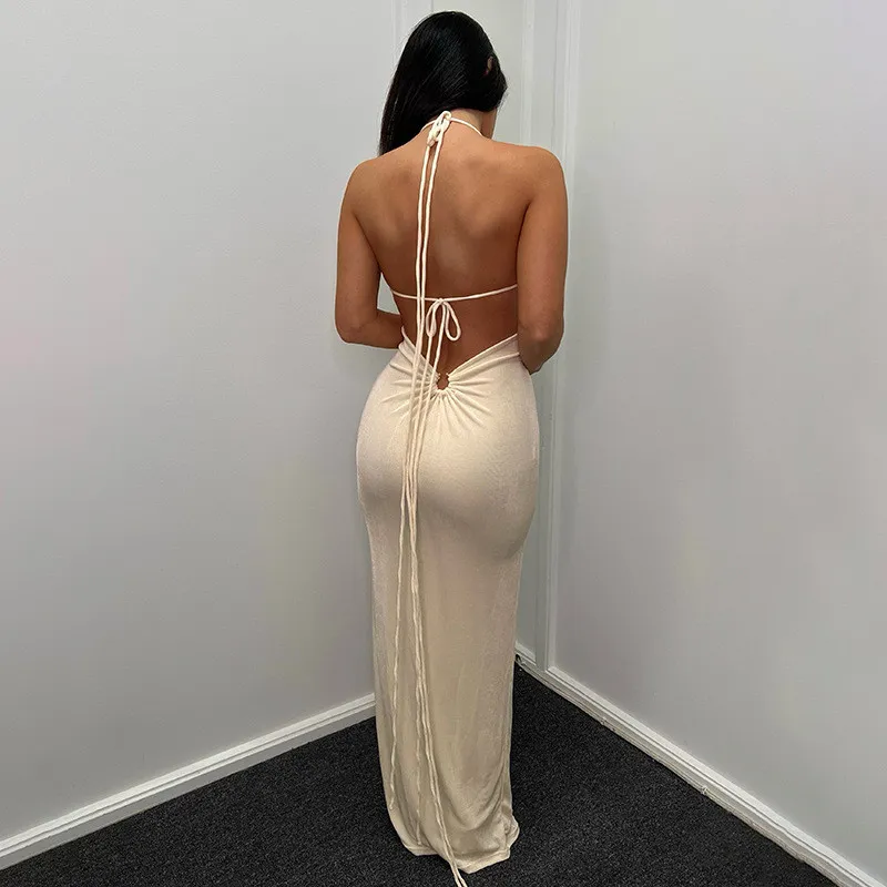 Summer Ladies Long Dress Solid Color Sexy Low Back Straps Halter Bodycon Dress 3 Summer Ladies Long Dress Solid Color Sexy Low Back Straps Halter Bodycon Dress