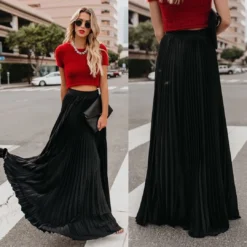 Elegant Solid Color Plus Size High Waist Women's Pleated Long Skirt -Women Fashion Shop 0639330ecf261d2e