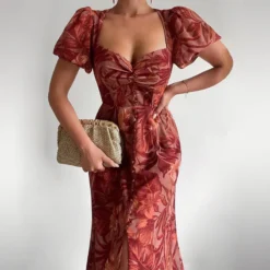 Women's Chic Career Floral Square Neck Sexy Slit Dress -Women Fashion Shop 072664241df8b3f1