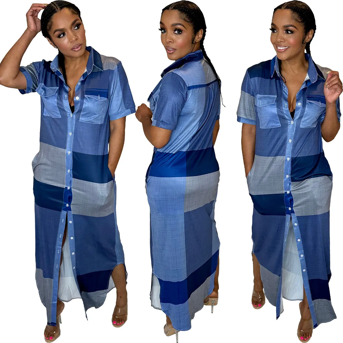 Women's Contrast Plaid Slit Button-Down Turndown Collar Shirt Dress 4 Women's Contrast Plaid Slit Button-Down Turndown Collar Shirt Dress - Image 2