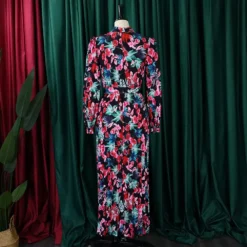 Plus Size Women'S Fall Winter Long Sleeve Printed Pleated Belt Maxi Dress -Women Fashion Shop 07729307d376ef96
