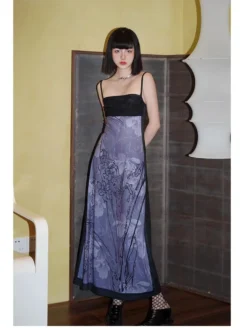 Summer Ink Painting Print Strap Long Dress -Women Fashion Shop 07b989e987be8562