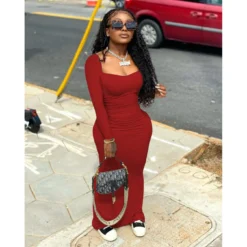 Women'S Sexy Tight Fitting Long Dress Solid Color Elastic Waist Pleated Dress -Women Fashion Shop 08bdc02e747eb82e