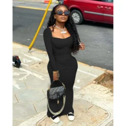 Women'S Sexy Tight Fitting Long Dress Solid Color Elastic Waist Pleated Dress -Women Fashion Shop 08c90cd8f74b4056