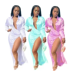 Women'S Summer Sexy Solid Color Turndown Collar Trench Long Sleeve Long Shirt -Women Fashion Shop 099424e05ab3e14a