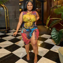 Spring Women's Fashion Print Mesh Hollow Round Neck High Waist Slim Dress -Women Fashion Shop 0a211684dc17fff9