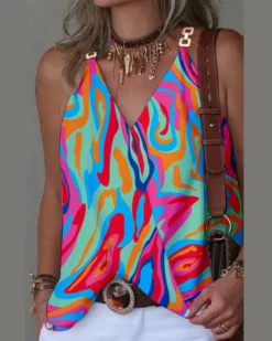 Women Summer Simple V-Neck Metal Buckle Printed Vest Top -Women Fashion Shop 0a44abba2b5a6e38