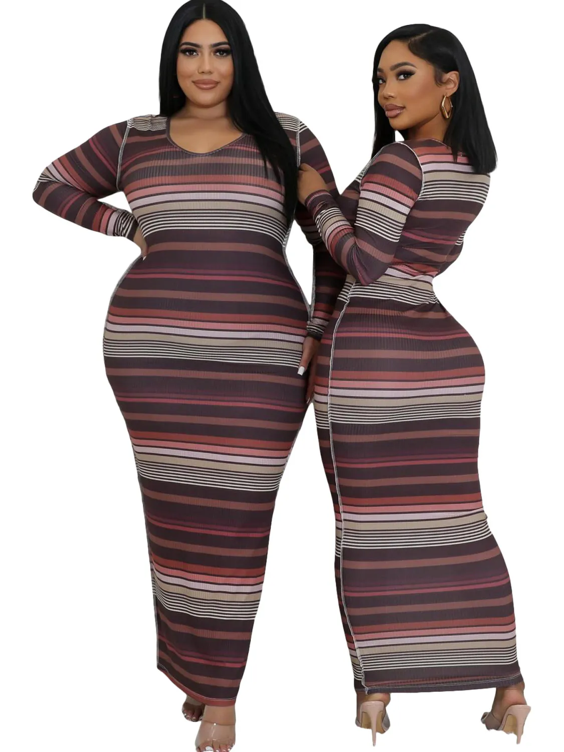 Women Ribbed Printed Stripe Round Neck Long Sleeve Dress 6 Women Ribbed Printed Stripe Round Neck Long Sleeve Dress - Image 4