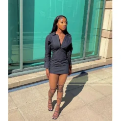 Women Solid Color Long Sleeve Min Shirt Dress -Women Fashion Shop 0af18567f1d6c251