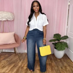 Women Casual Lace Wide Leg Denim Pants With Belt -Women Fashion Shop 0b6affbba9c245bc