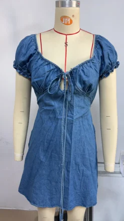 Women Hollow Lace Puff Sleeve Denim Dress -Women Fashion Shop 0cf67cdc1c37d2f1