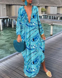 Women Printed V-Neck Long Sleeve Long Dress -Women Fashion Shop 0d3a9620e651a025