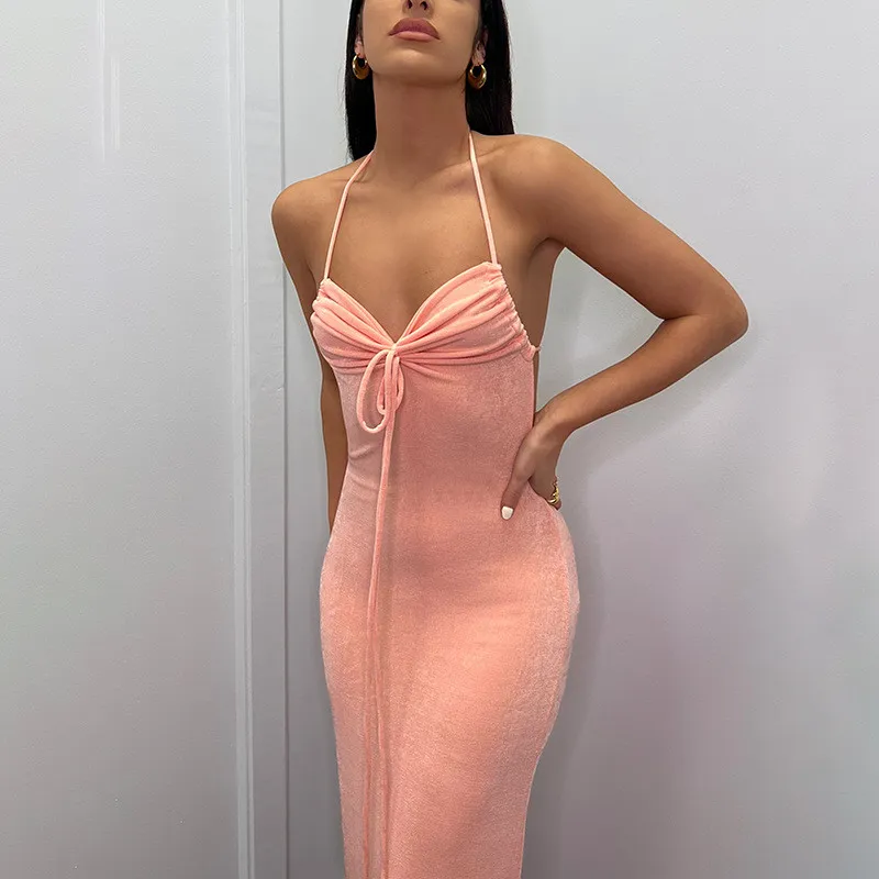 Summer Ladies Long Dress Solid Color Sexy Low Back Straps Halter Bodycon Dress 13 Summer Ladies Long Dress Solid Color Sexy Low Back Straps Halter Bodycon Dress - Image 11