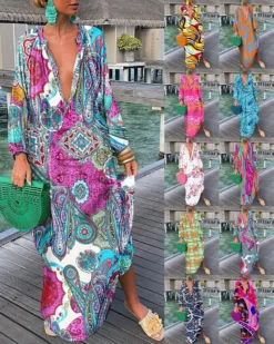 Women Printed V-Neck Long Sleeve Long Dress -Women Fashion Shop 0ddf3ccbe8fd3a01