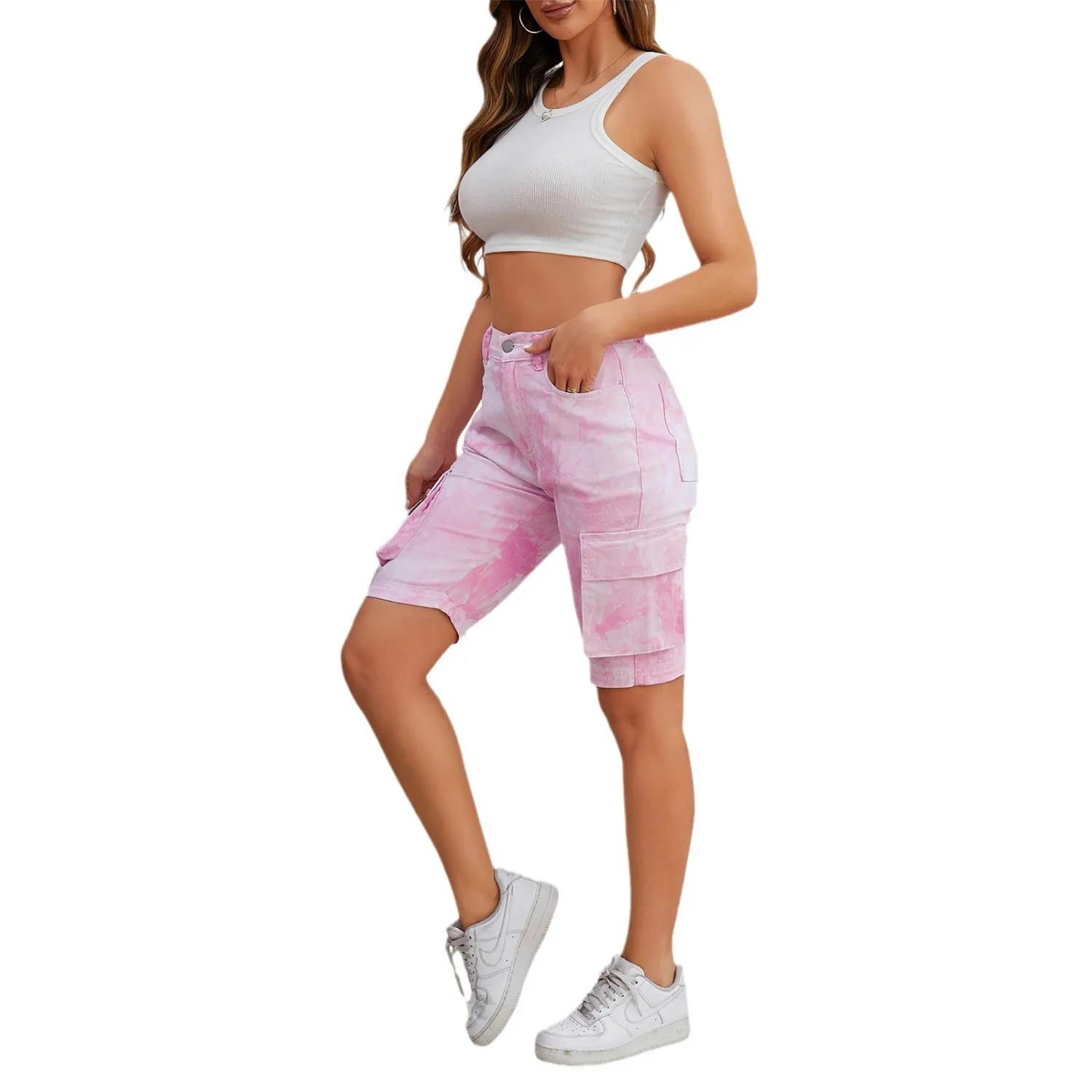 Women's Stretch Fashion Denim Shorts Washed Pocket Knee-Length Jeans 3 Women's Stretch Fashion Denim Shorts Washed Pocket Knee-Length Jeans