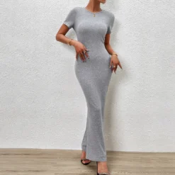 Women Elegant Solid Round Neck Short Sleeve Dress -Women Fashion Shop 0fd70801383cbcce