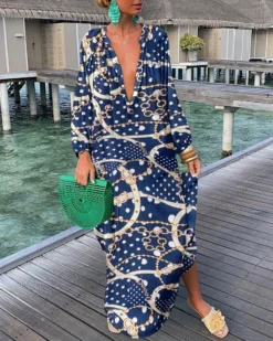 Women Printed V-Neck Long Sleeve Long Dress -Women Fashion Shop 102d54d921bd31d1