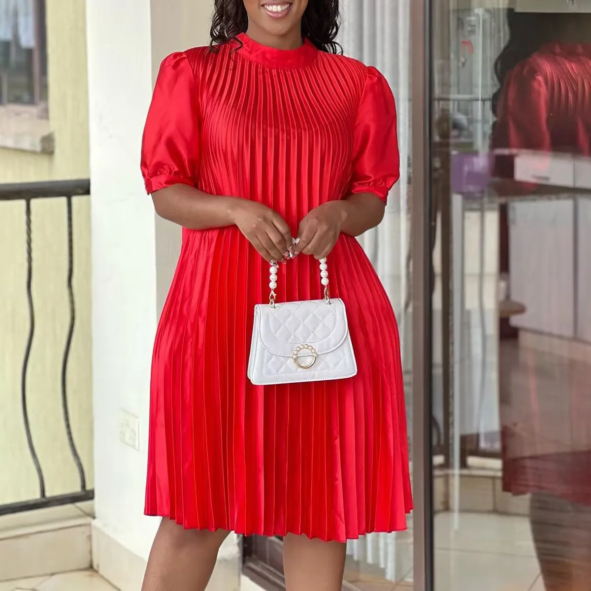 Plus Size Women's Summer Fashion Loose Casual Lace-Up Pleated Dress 10 Plus Size Women's Summer Fashion Loose Casual Lace-Up Pleated Dress - Image 8