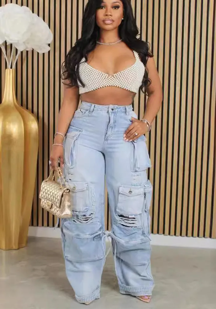 Women Ripped Casual Cargo Denim Pants 3 Women Ripped Casual Cargo Denim Pants