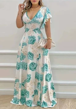 Summer Printed V-Neck Short-Sleeved Maxi Dress -Women Fashion Shop 11a45b994924bc05