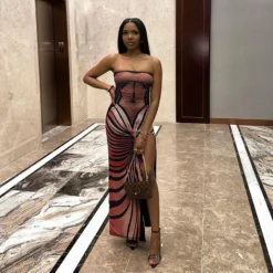 Women's Spring Casual Slit Printed Strapless Sleeveless Slim Dress -Women Fashion Shop 11ba3340ca2c3a7c