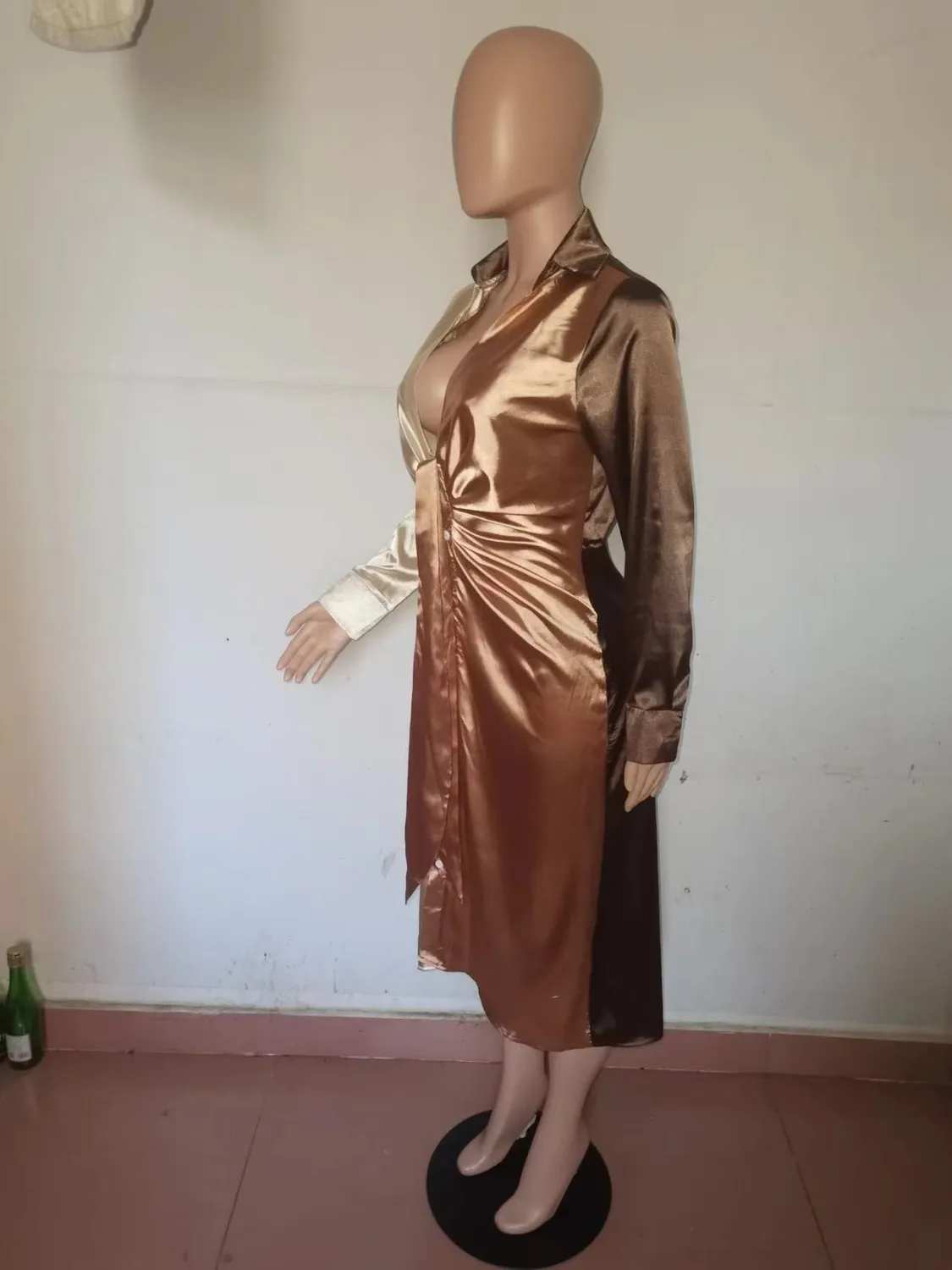 Women's Sexy Solid Color Patchwork Lace-Up V-Neck Long Sleeve Dress 3 Women's Sexy Solid Color Patchwork Lace-Up V-Neck Long Sleeve Dress