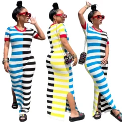 Women Round Neck Short Sleeve Slit Patchwork Striped Dress 22 Women Round Neck Short Sleeve Slit Patchwork Striped Dress -Women Fashion Shop 13757c80c807ed86