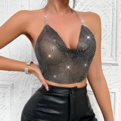 Rhinestone Fishnet Metal Camisole Summer Mesh Top