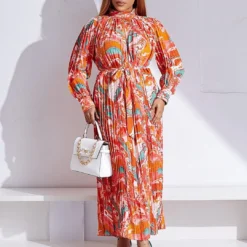 Plus Size Women'S Fall Winter Long Sleeve Printed Pleated Belt Maxi Dress -Women Fashion Shop 13e44af55b37fe22