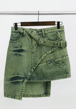 Trendy Belt Style Green Denim Skirt Women's Irregular Short Skirt -Women Fashion Shop 1489c44324d408c7