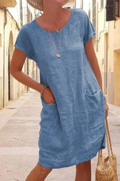 Women Summer Loose Pocket Short Sleeve Round Neck Linen Dress -Women Fashion Shop 149fe6d987f410f1