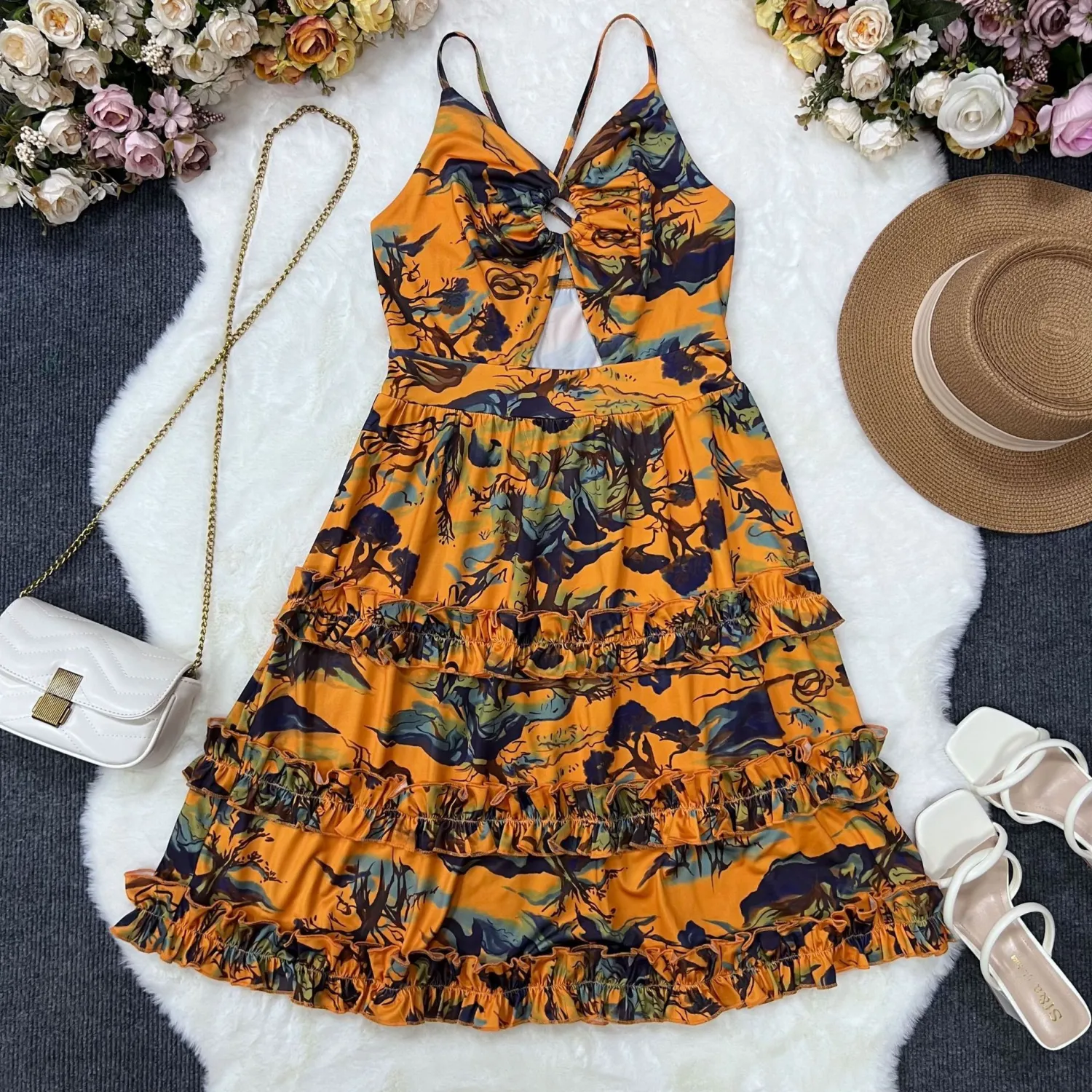 Women Deep V Sexy Camisole Ruffle Edge Print Backless Dress 3 Women Deep V Sexy Camisole Ruffle Edge Print Backless Dress