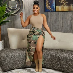 Spring Summer Women's Casual Casual Print Pocket Slit Midi Skirt -Women Fashion Shop 1745cf92e1171c49