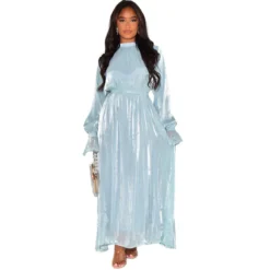 Women's Autumn And Winter Round Neck Long Sleeve High Waist Satin Maxi Dress -Women Fashion Shop 1760aa1dc86b8e91