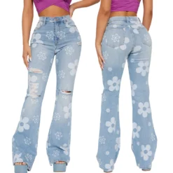 Women Trend Print Stretch Bell Bottom Denim Pants -Women Fashion Shop 18427eeffe04852b