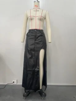 Women's High Slit PU Leather Long Skirt